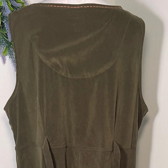 Erika,1X, embroidered beaded sleeveless, olive,crushed velvet button front maxi - Picture 4 of 8